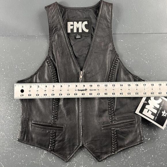 VTG FMC Leather Waist Coat Youth Girls Large Black Zip Moto Biker Western NWT - Picture 4 of 6